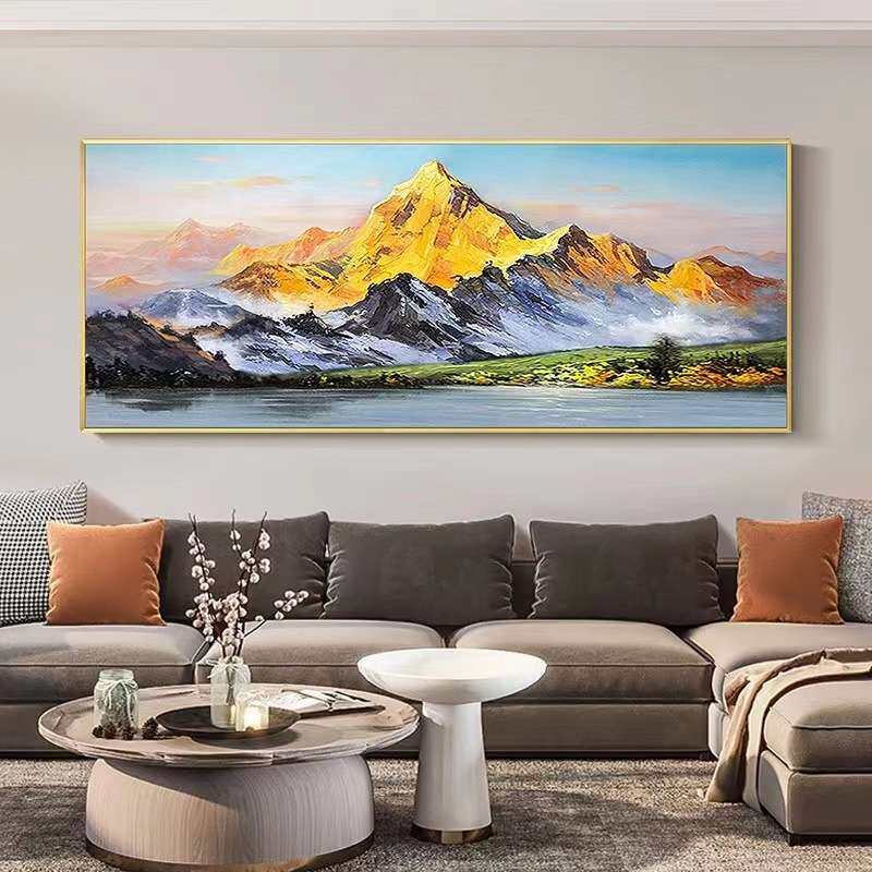 纯手绘日照金山新中式装饰画高档风景山水挂画客厅大尺寸横幅油画