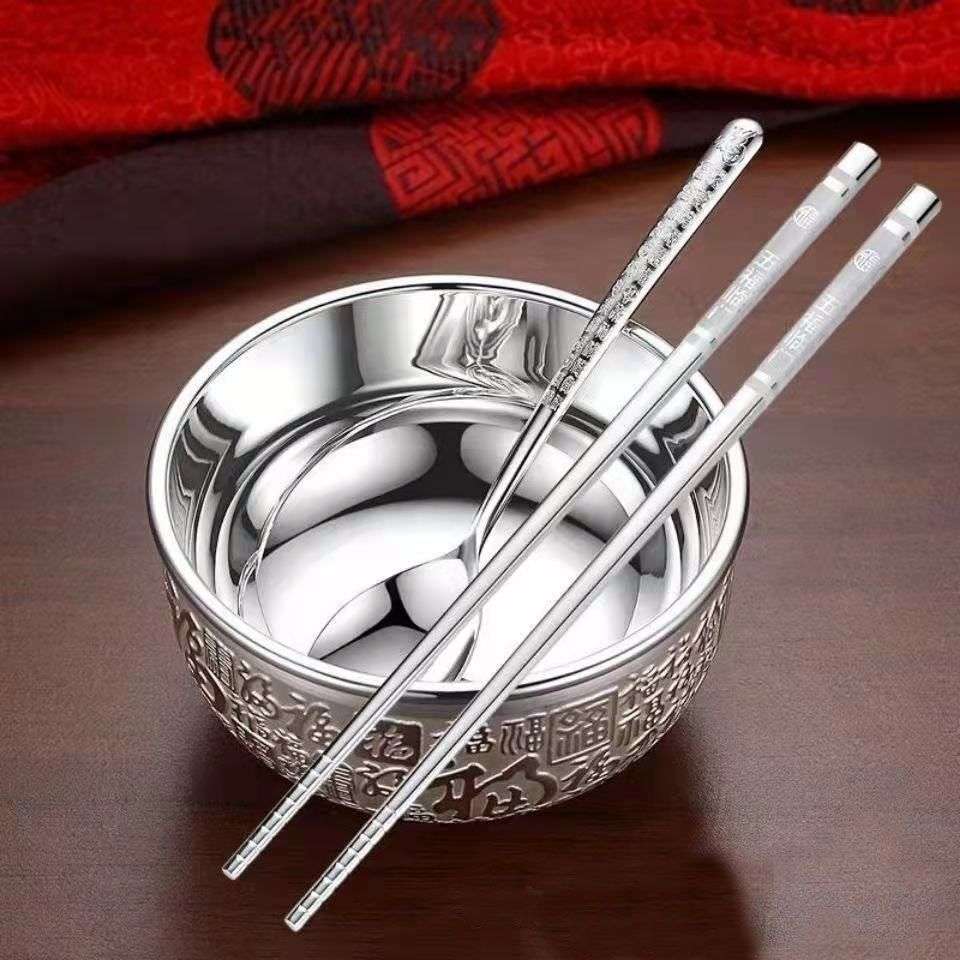 雪花银筷子食用三件套高档餐具家用防滑结婚套装