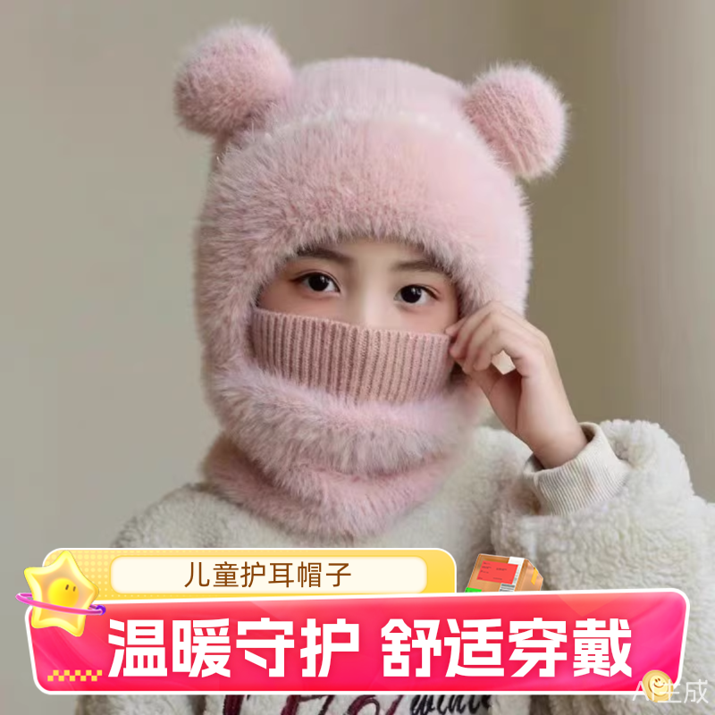 儿童护耳帽子口罩围脖一体帽冬季保暖男童女童防风加厚毛线套