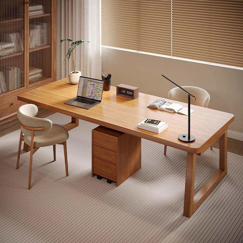 双人实木书桌学习桌书柜一体家用去客厅化大桌办公电脑桌子工作台