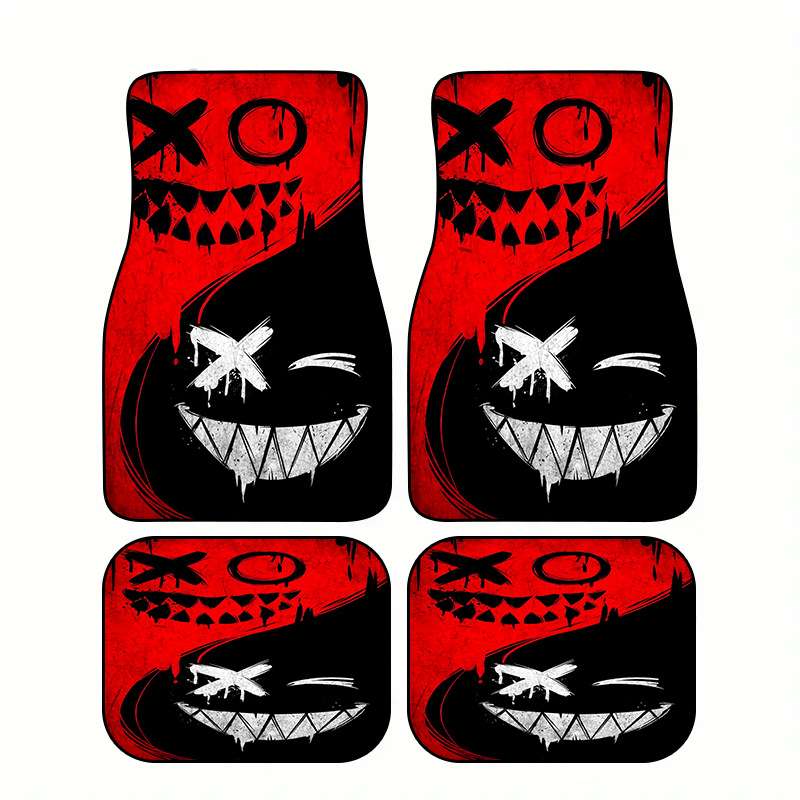 TEMU复古笑脸印花四件套汽车上层保护地毯防滑易清洗通用汽车脚垫
