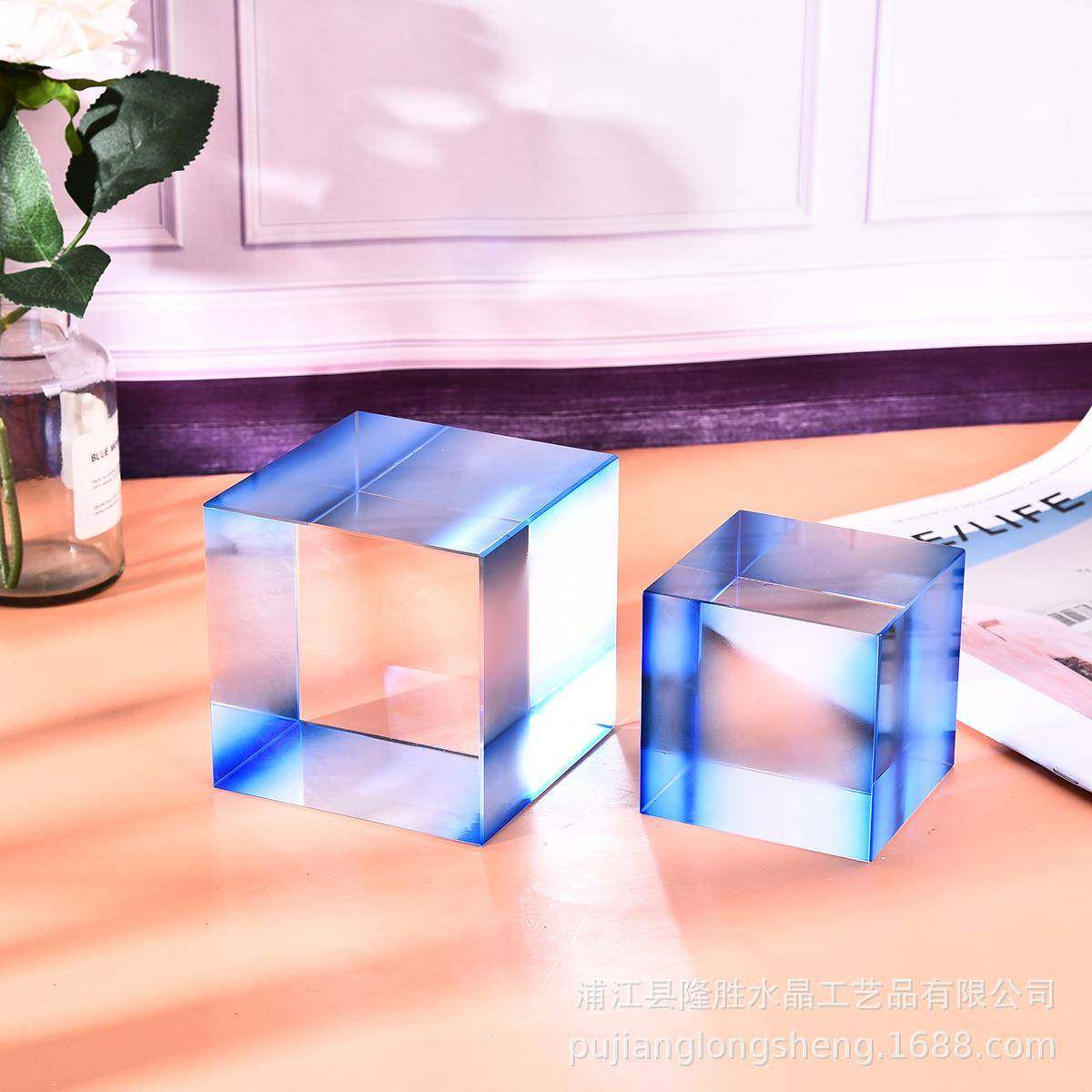 简约风格水晶软装摆件蓝色渐变方体玄关门客厅家居烤色蓝立方摆件