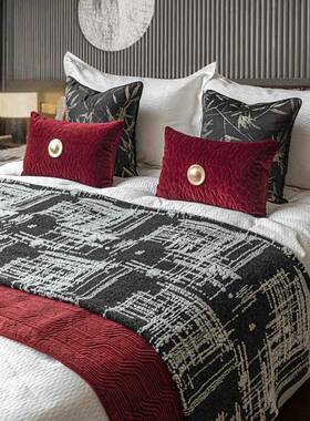 现代新中式红色绗棉床旗水墨竹叶抱枕样板间床品酒店床尾巾展厅