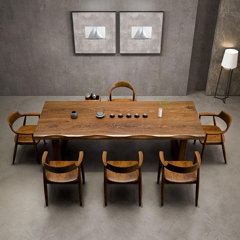 实木大板茶桌椅组合一桌六椅茶几办公室客厅家用泡茶台新中式茶桌