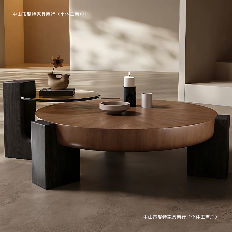 客厅意式极简仿实木设计轻奢茶几组合圆形古风小户型茶桌家用