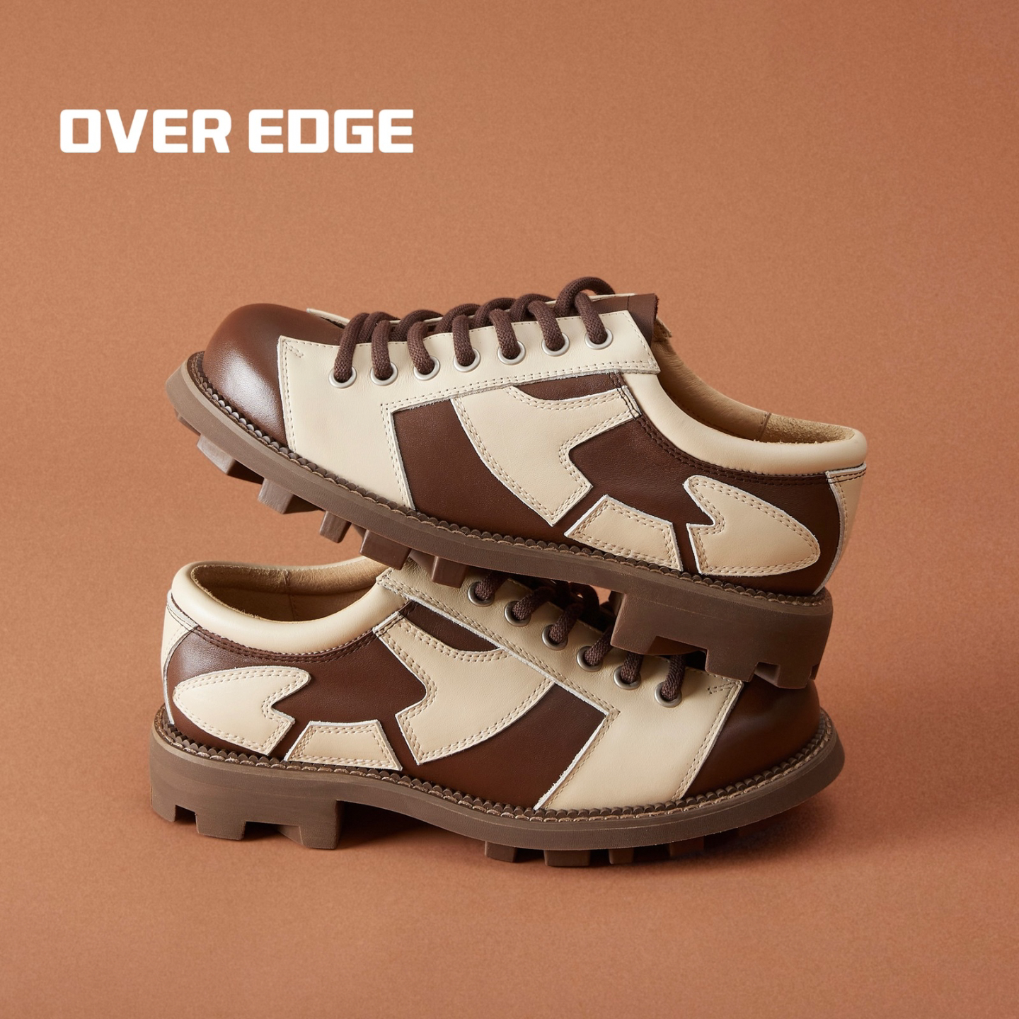OVER EDGE-探险系列-棕色复古登山德比男女撞色休闲运动皮鞋