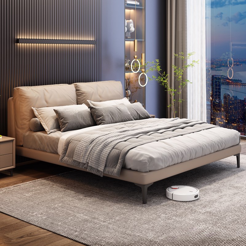 掌上明珠意式极简真n皮床轻奢主卧床1.8米现代简约双人床北欧布艺