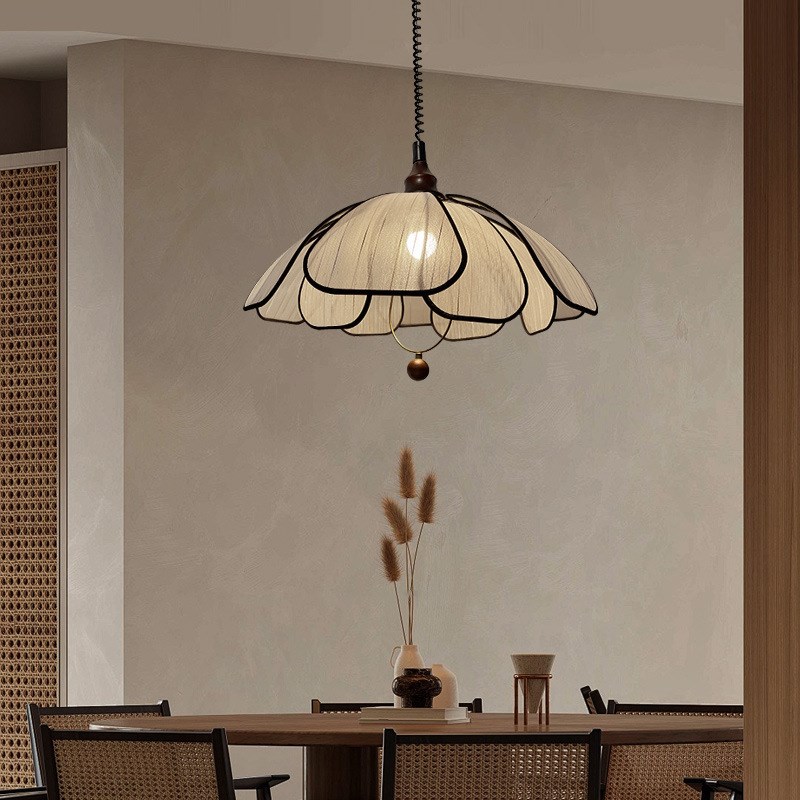 法式奶油风花瓣吊灯升降餐厅灯中古风复古K胡桃木高级感餐桌饭厅