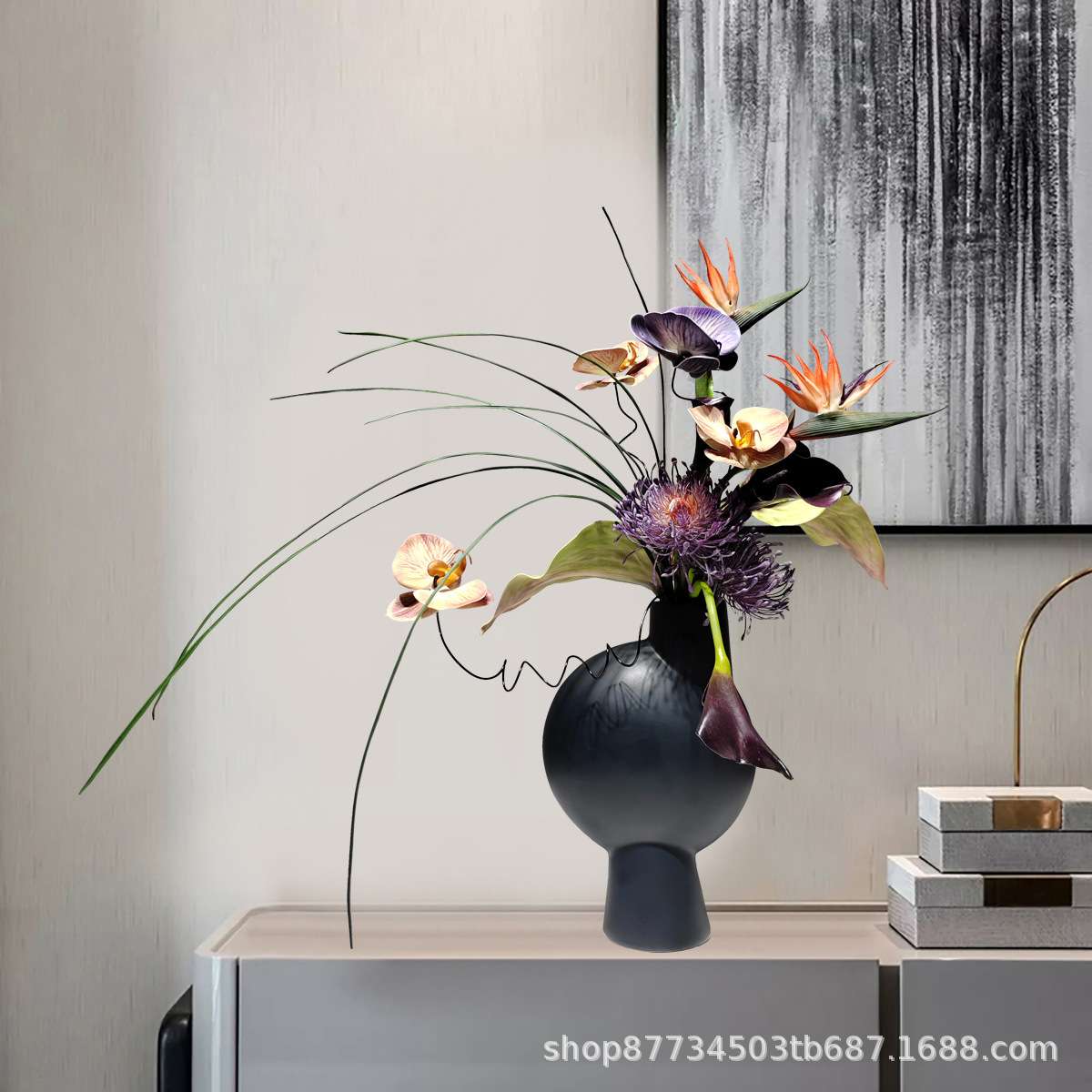 样板房现代陶瓷花器电视柜装饰假花客厅洽谈桌面仿真花艺摆件花卉