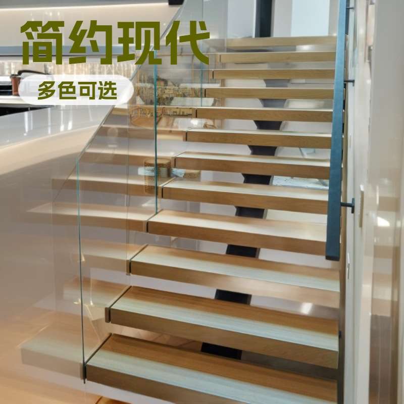 现代简约方通龙骨楼梯方通楼梯木踏步玻璃护栏室内装修方通楼梯
