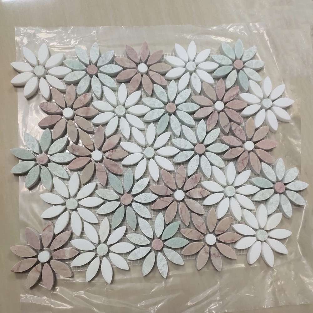 法式浪漫雏菊花型马赛克绿宝粉色白色大理石瓷砖酒店卫生间浴室