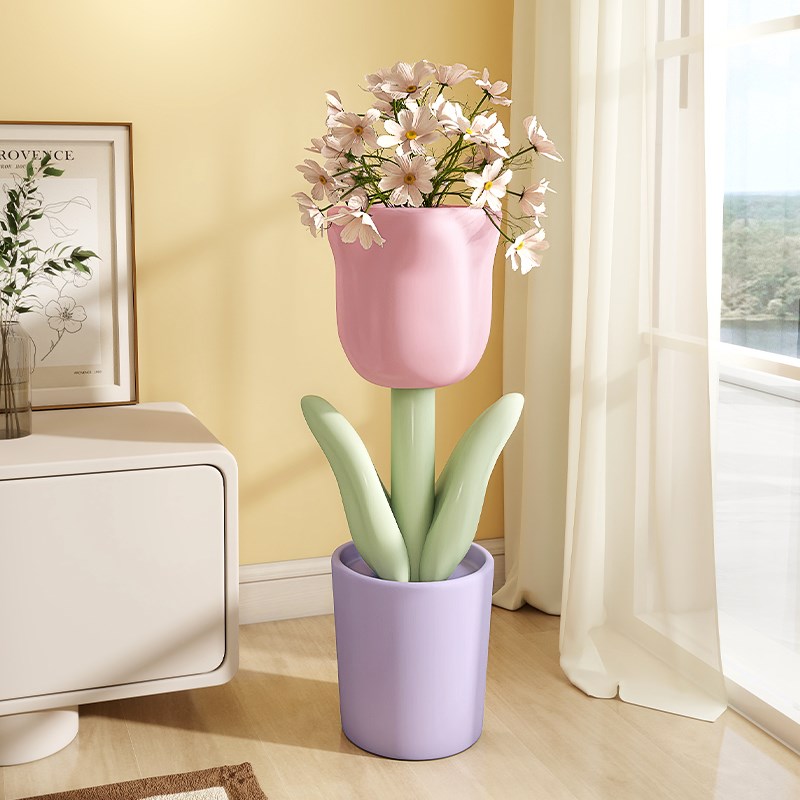卡通郁金香落地摆件客厅玄关电视柜沙发旁大型Q花盆家用奶油风可