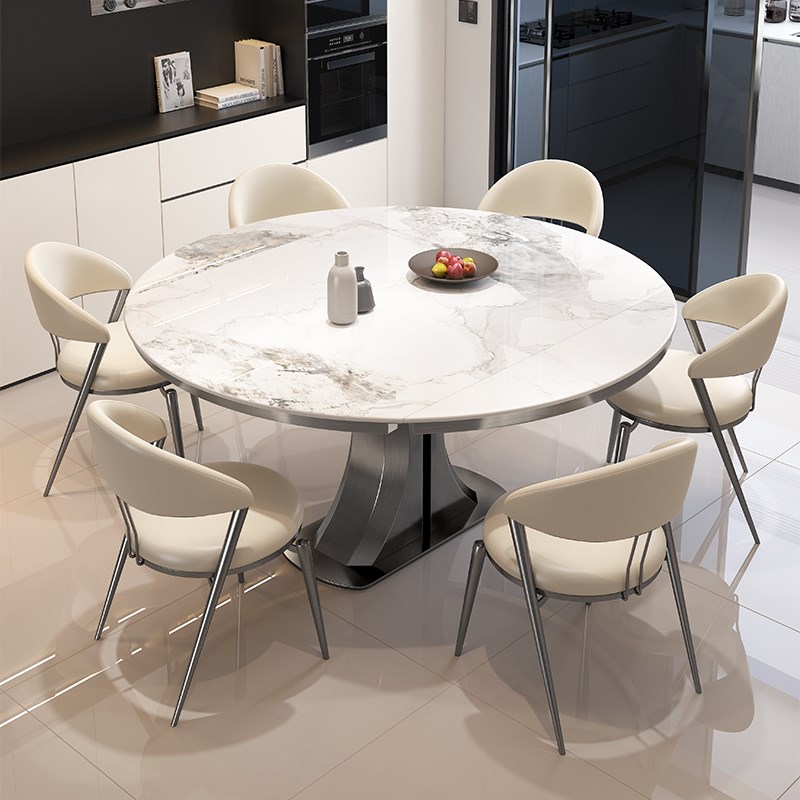 可伸缩岩板餐桌家用现代简约轻奢高E级感可变圆桌小户型餐桌椅组