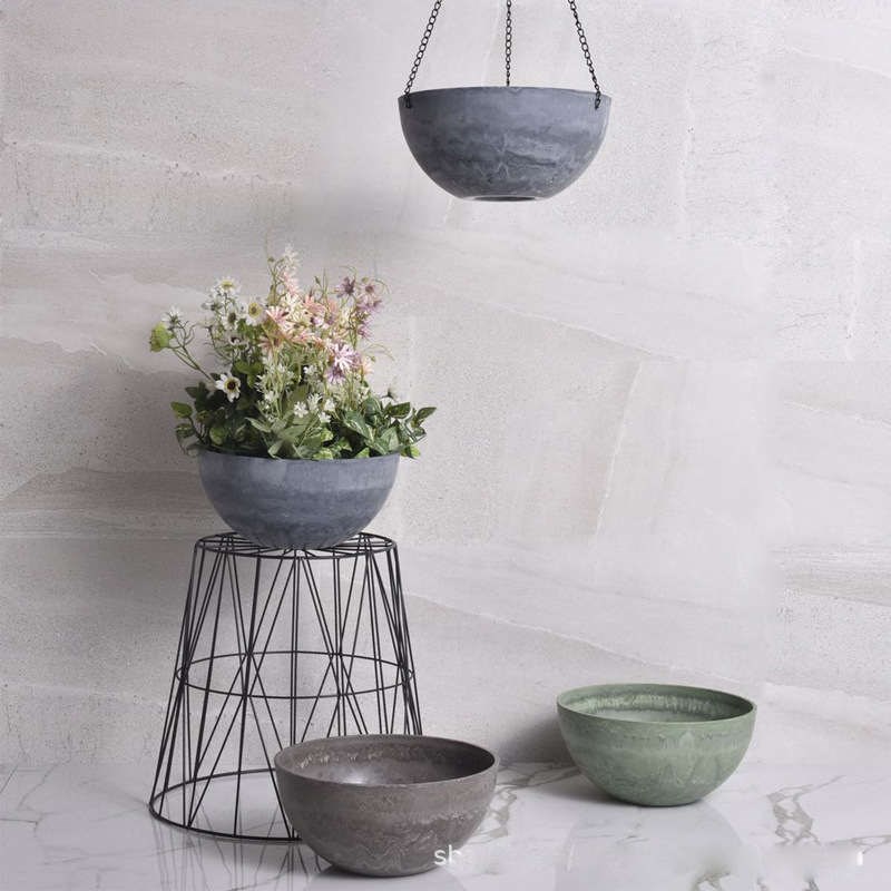 北欧简约带挂链加厚吊篮吊盆大理石纹复合树脂落V地桌面装饰花盆
