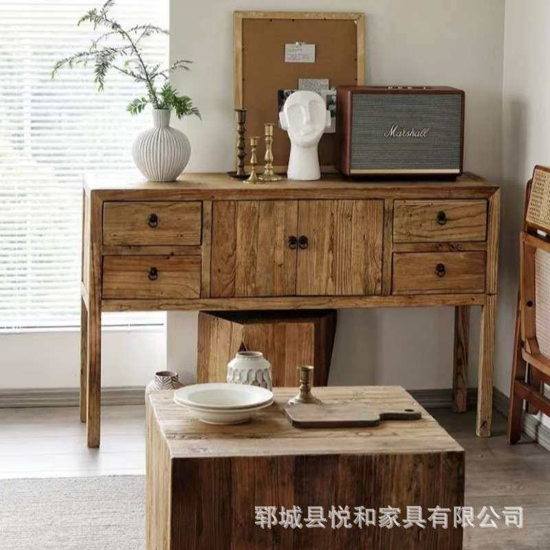 复古老榆木玄关柜新中式靠墙餐边柜玄关高脚家具禅意带抽屉式条案