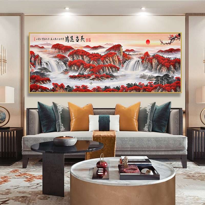 办公室墙面装饰画客厅新中式壁画国画山水现代晶画钻流水生财挂画