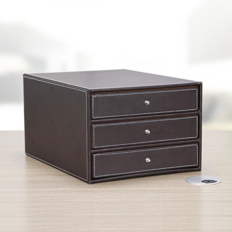 简约皮革桌面柜三层抽屉式A4文件收纳资料盒商务办公用品