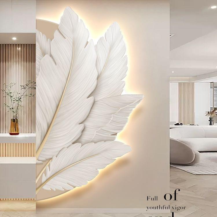 奶油风玄关装饰画壁灯现代轻奢羽毛客厅壁画走廊过道led发光挂画