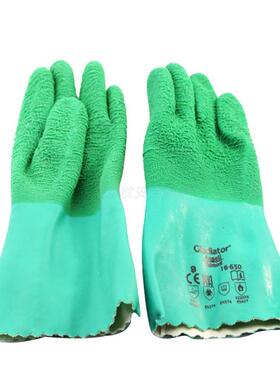 安思尔16-650防水耐高温手套双螺纹棉天然橡胶手套31cm长绿色