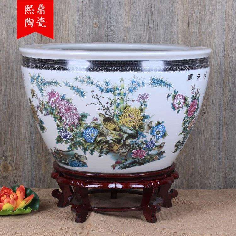 景德镇陶瓷鱼缸 釉上彩富贵平安鱼缸现代家居装饰摆件摆设风水缸