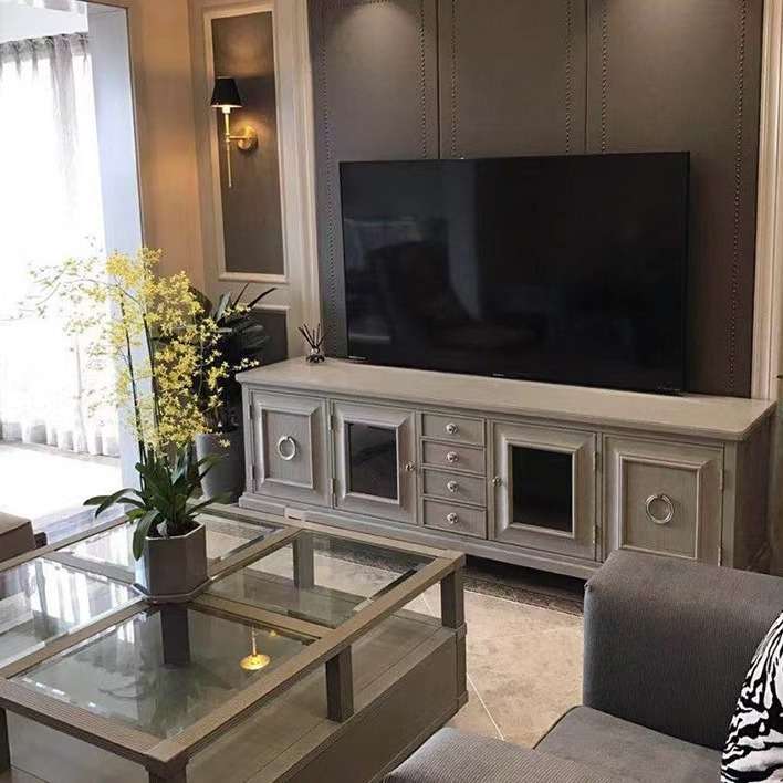 美式轻奢实木茶几复古做旧咖啡桌客厅仿古储物玻璃正方形茶桌整装