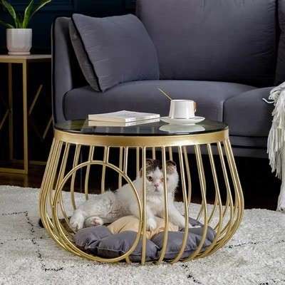 简约小户型客厅茶几圆形边几创意宠物猫笼窝飘窗咖啡桌子岩板北欧