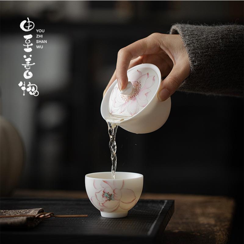 由至 素烧玉瓷釉上手绘荷花盖碗茶杯套装轻奢收纳袋户外旅行茶具