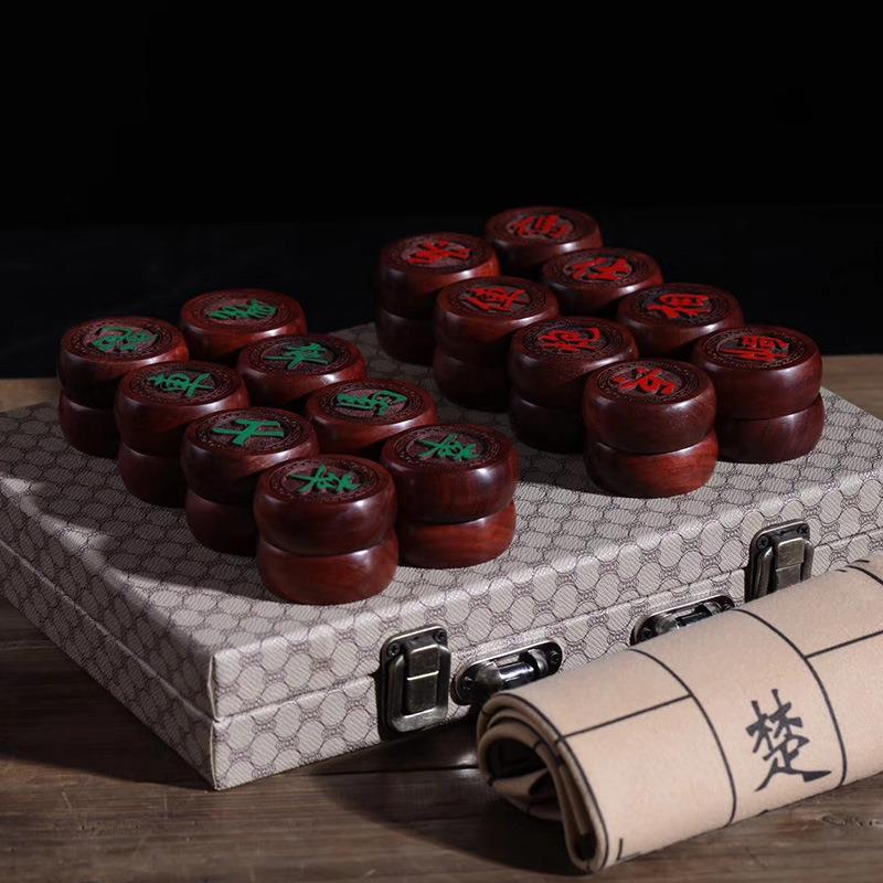 赞比亚小叶紫檀中国象棋 血檀木象棋摆件 皮革折叠棋盘