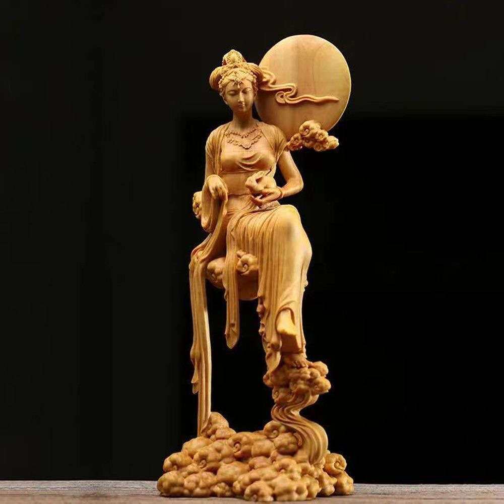 太行崖柏嫦娥奔月摆件古代神话美人实木雕刻嫦娥抱兔中式客厅饰品