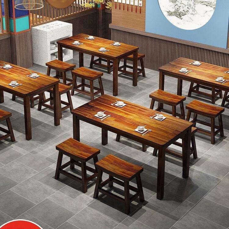 J^碳化实木饭店桌椅组合面馆小吃快餐桌椅商用早餐厅烧烤火锅店