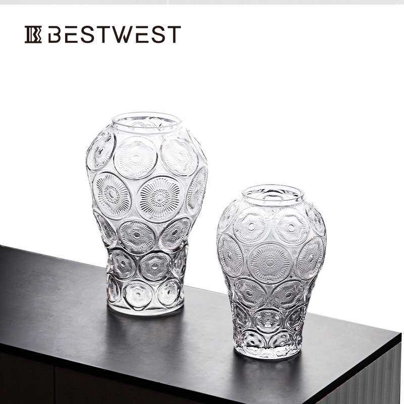 Best west 简约圆形纹路透明水培玻璃花瓶摆件家居客厅装饰品花器