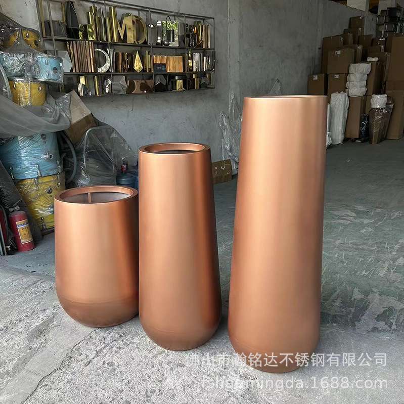 不锈钢古铜色花盆景观美陈设计花钵金属花盆烤漆插花镜面金色花架