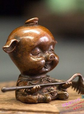 仿古紫小摆件戒物件 茶道八打坐 小手工铜手把件实心猪 肖生茶宠