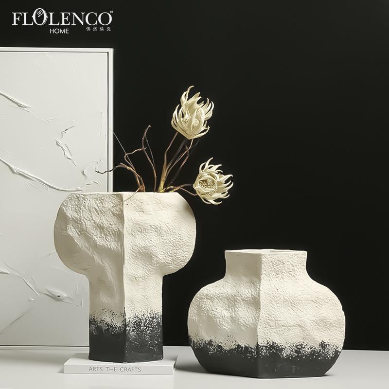 新中式复古做旧陶瓷黑白水墨花瓶别墅酒店玄关客厅干花器艺术摆件
