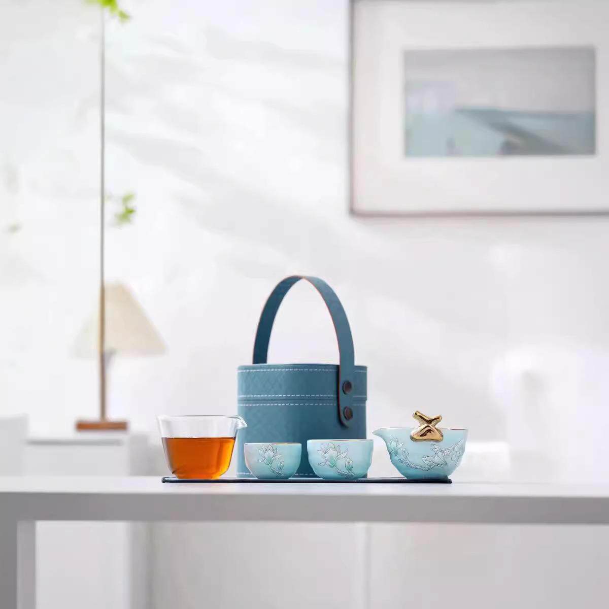 玉兰花旅行茶具套装一壶二杯户外便携式夫人瓷女士泡茶快客送妈妈