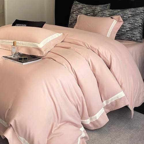 秋冬磨毛纯色简约100支全棉四件套长绒棉被套床单素色拼边床品1.8