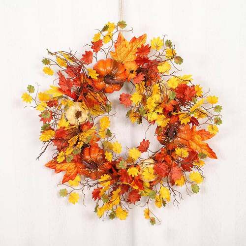 鸿禹 仿真白南瓜小叶藤圈花环秋色枫叶花圈装饰感恩节家居门饰花