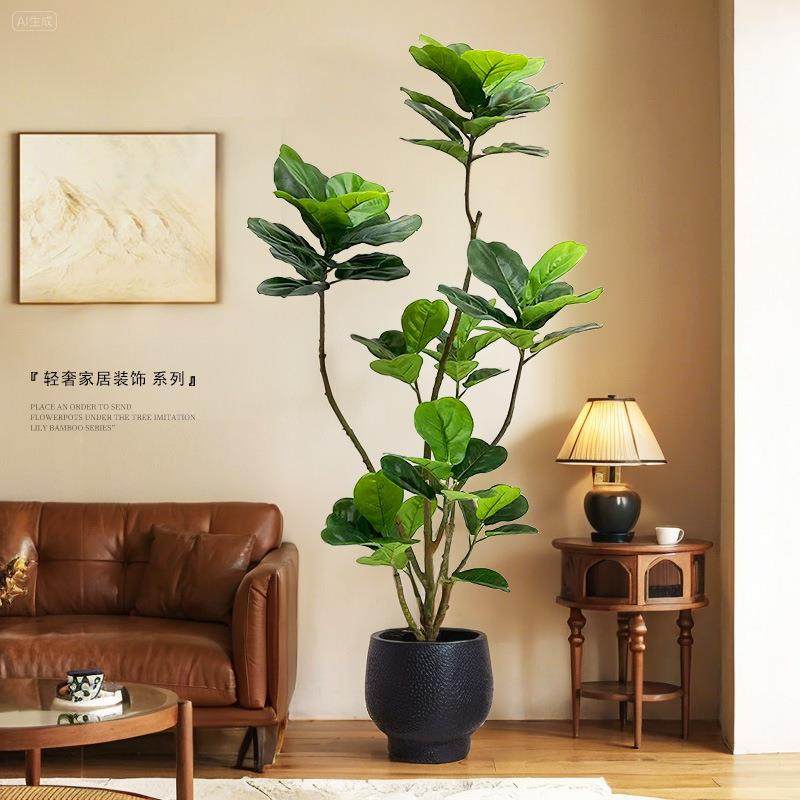 中古风摆件仿真绿植琴叶榕仿真植物高端轻奢客厅装饰大型仿生植物