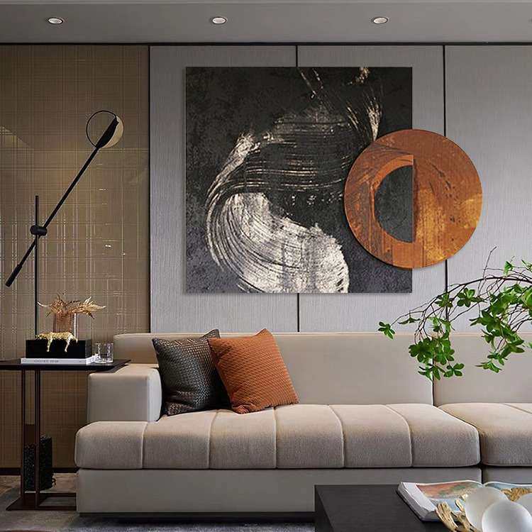 手绘装饰画抽象创意个性圆方双拼画中画橙色装置艺术玄关客厅挂画,电子元器件市场,其它元器件,淘宝优惠券,粉丝福利购,淘宝优惠卷