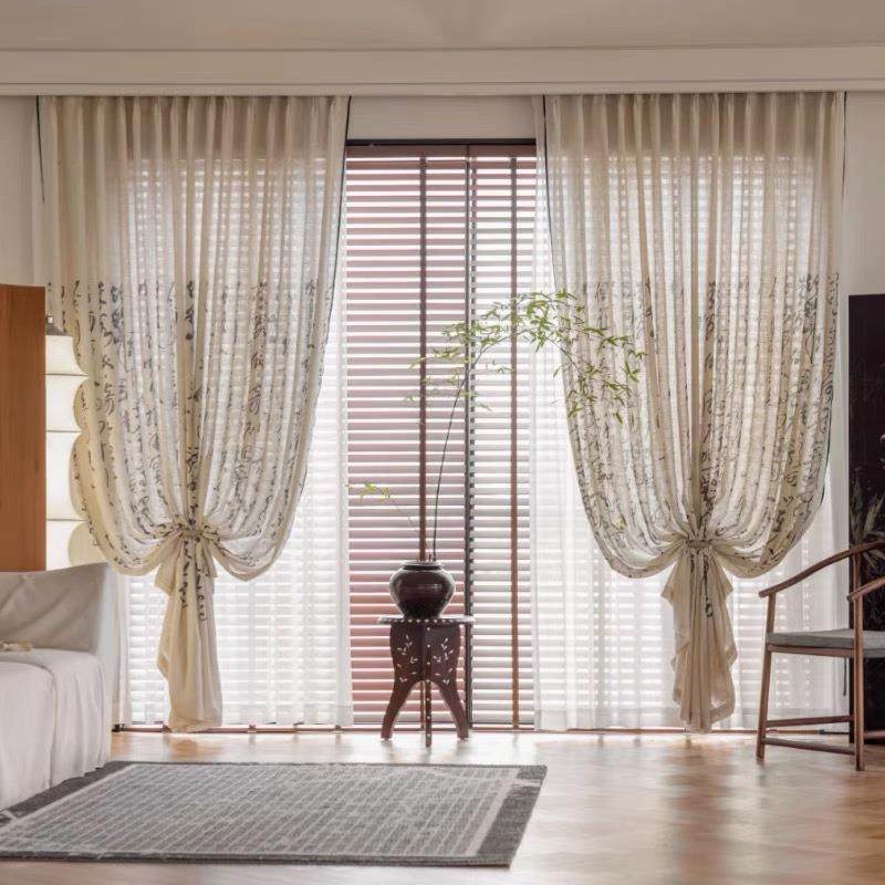 新款中式风格透光不透人麻纱印花窗帘书房民宿茶室装饰使用窗纱