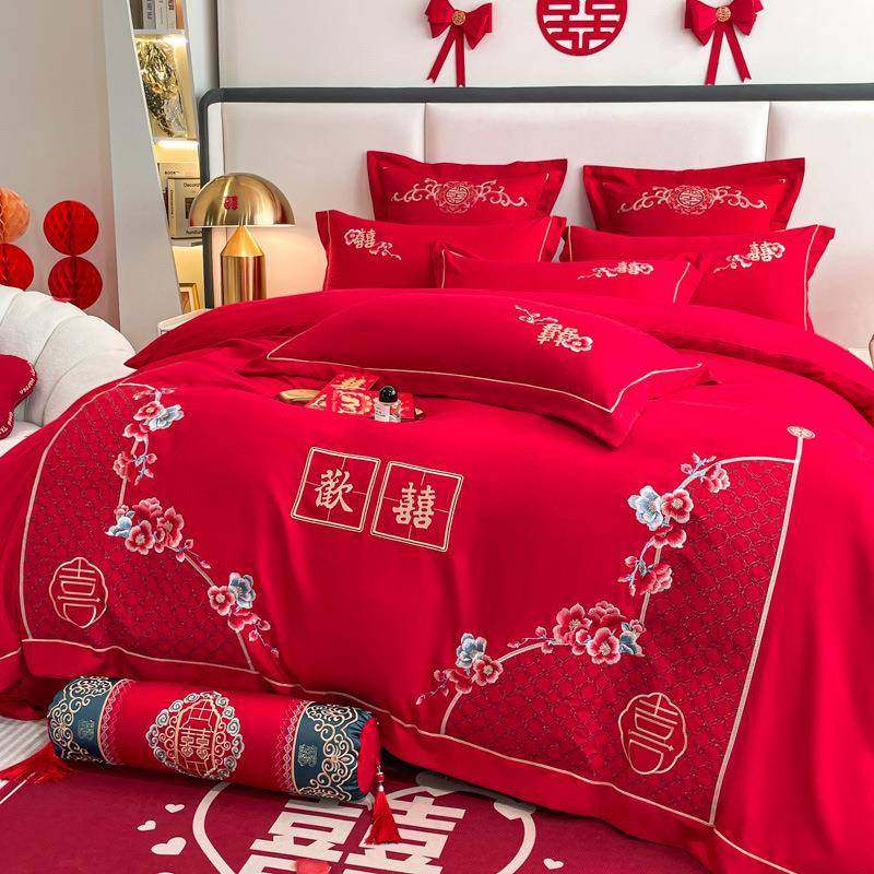 亲肤水洗加厚磨毛婚庆刺绣四件套大红结婚被套款四件套床笠套件
