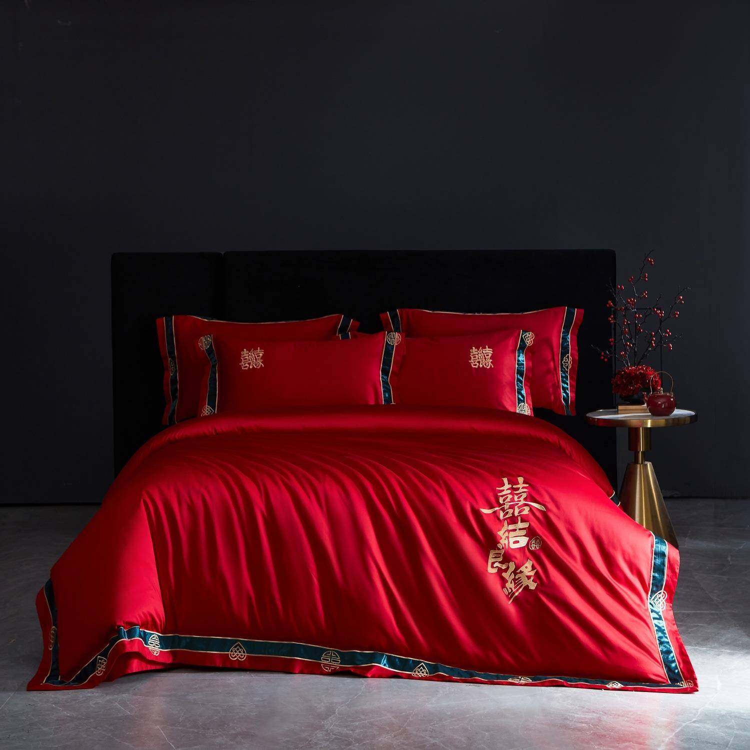 100支长绒棉全棉婚庆四件套刺绣婚房结婚床上用品4新中式婚庆