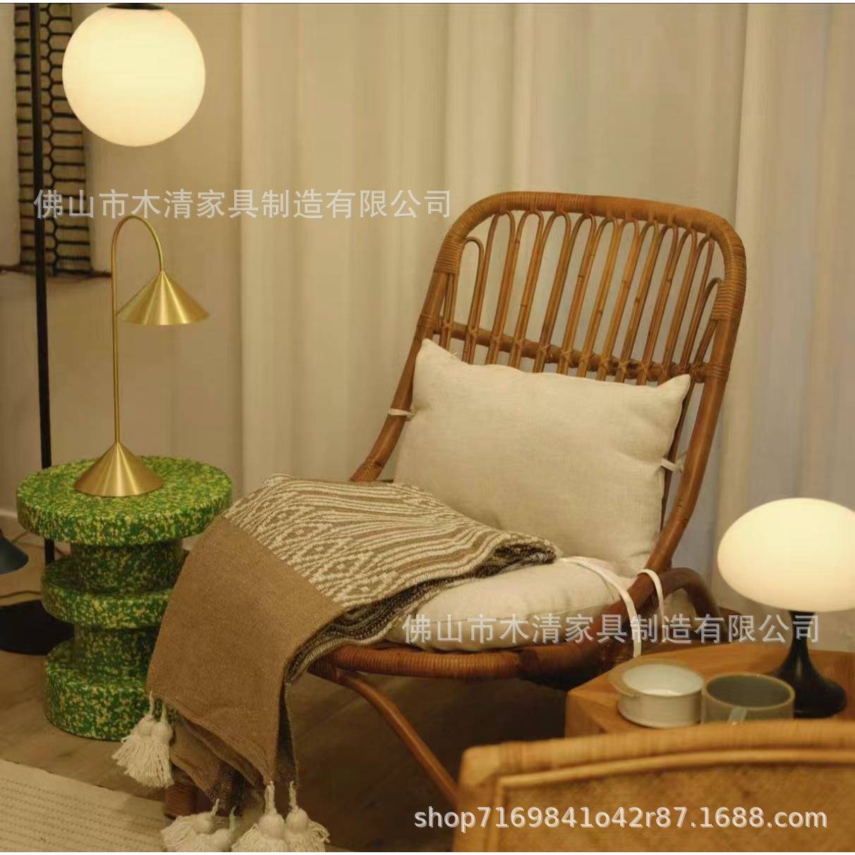 中古风藤椅设计师复古靠背椅天然印尼真藤编单人沙发 椅民宿躺椅