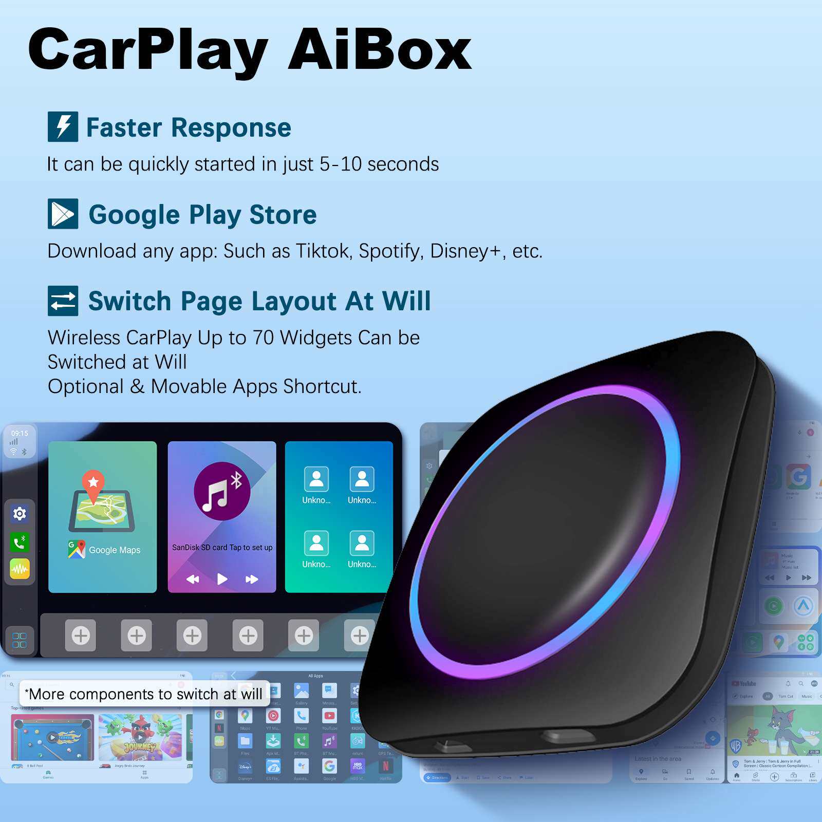 新品 智能盒子carplay ai box高通8核4+64G无线carplay转安卓系统
