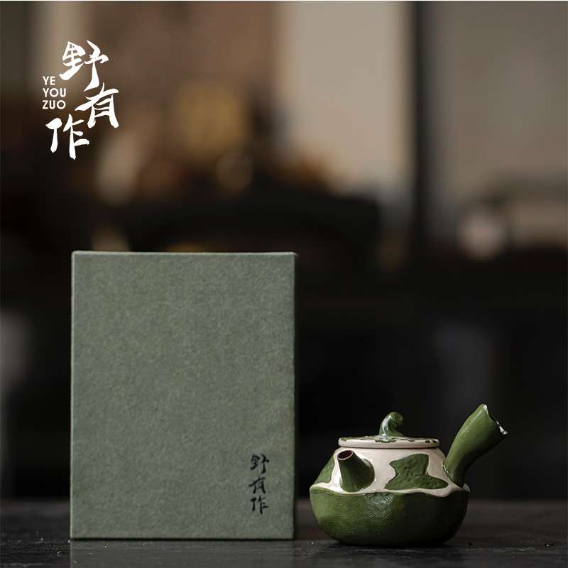 野有作景德镇粉引手绘拓片壶手工粗陶侧把壶仿古茶具泡茶壶单壶