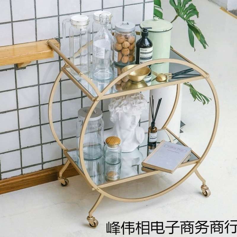 北欧铁艺移动餐车家用现代金色酒店餐厅圆形双层置物架手推车