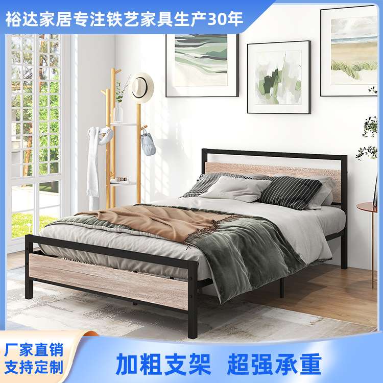 现代简约家用宿舍单层铁架床公寓民宿铁艺双人床钢木床跨境