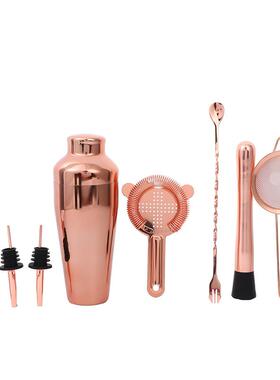 跨境不锈钢调酒器全套鸡尾酒工具玫瑰金600ml8件套家用调酒套装