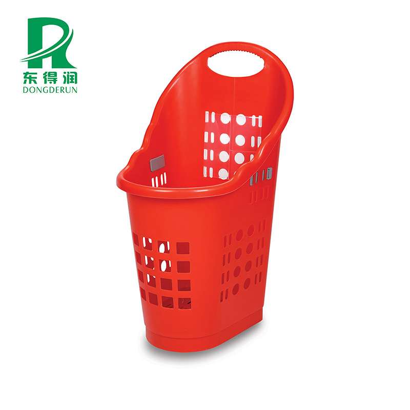 大号超市四轮拉杆塑料篮 带轮手推篮 商场手拉四轮购物篮