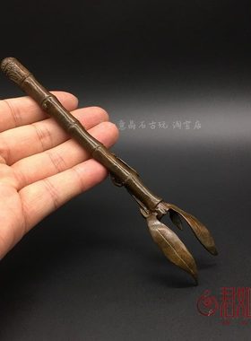 把件叶茶宠铜金蝉知了摆件铜茶铜叉微雕竹壶全铜艺节实心竹器